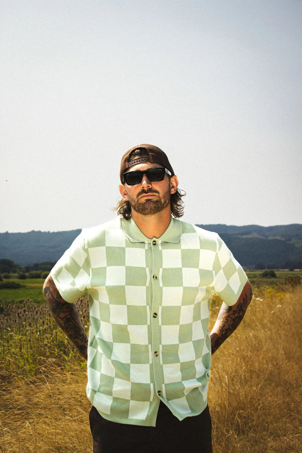 Checkered Knit Jacquard Button Up