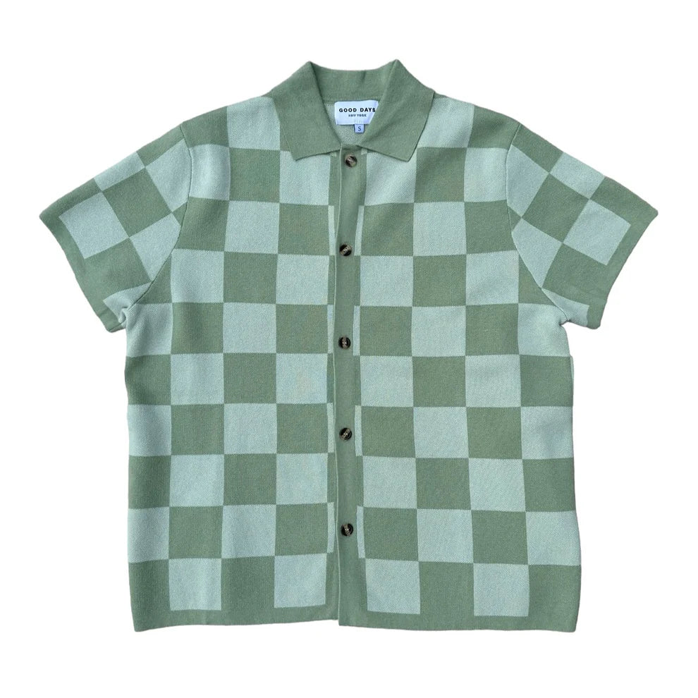 Checkered Knit Jacquard Button Up