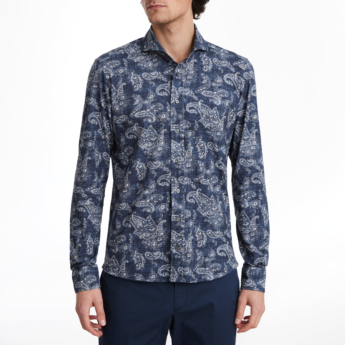 Jersey Knit Dress Shirt in Dark Blue Paisley